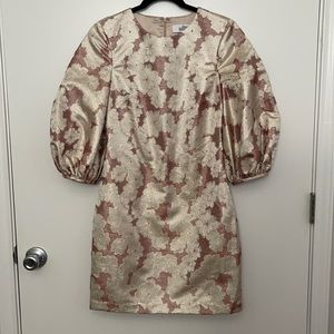 Formal floral print dress with gold threading.